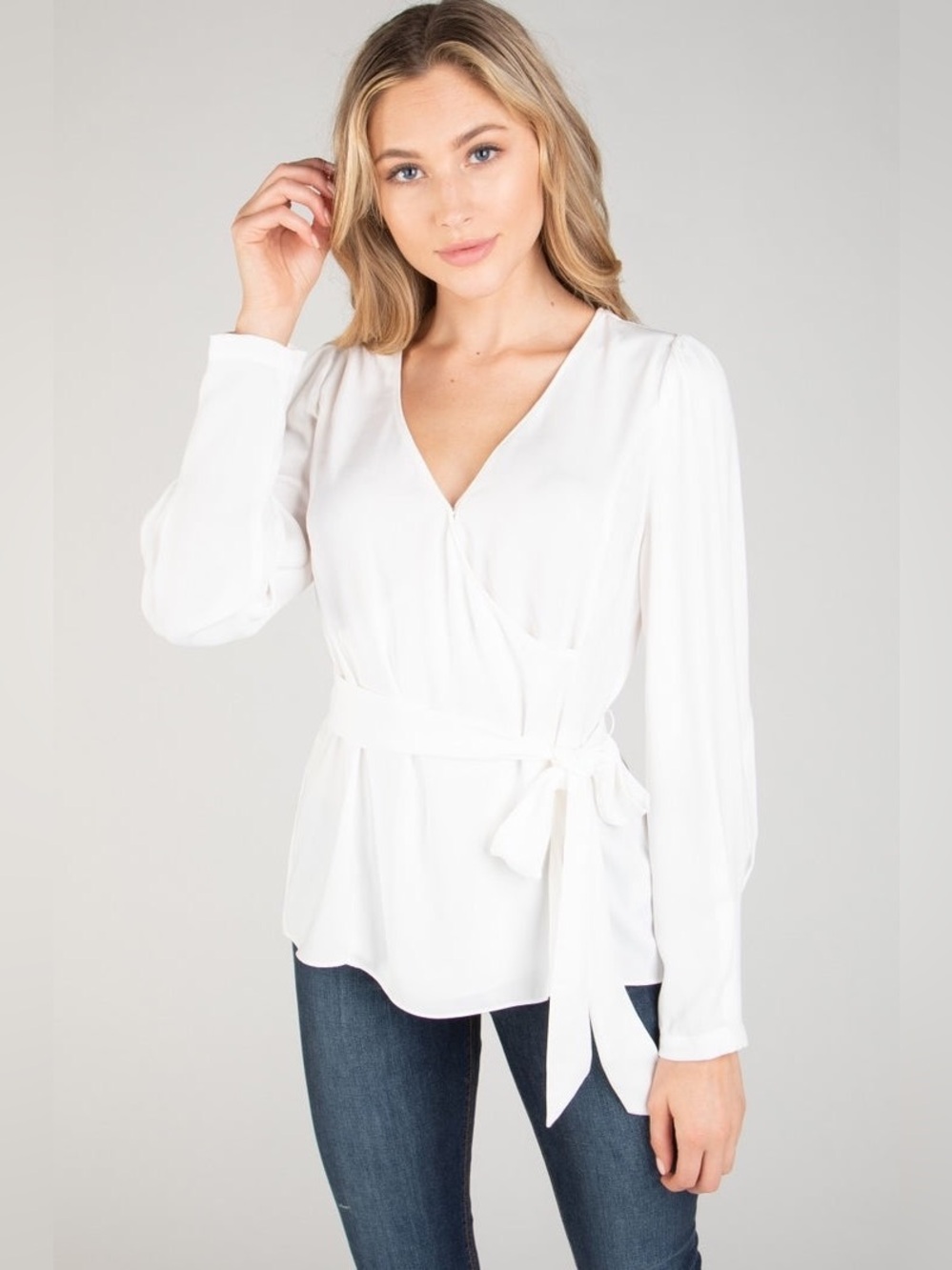The Wrap & Go Self Belt Mandarin Collar White Top